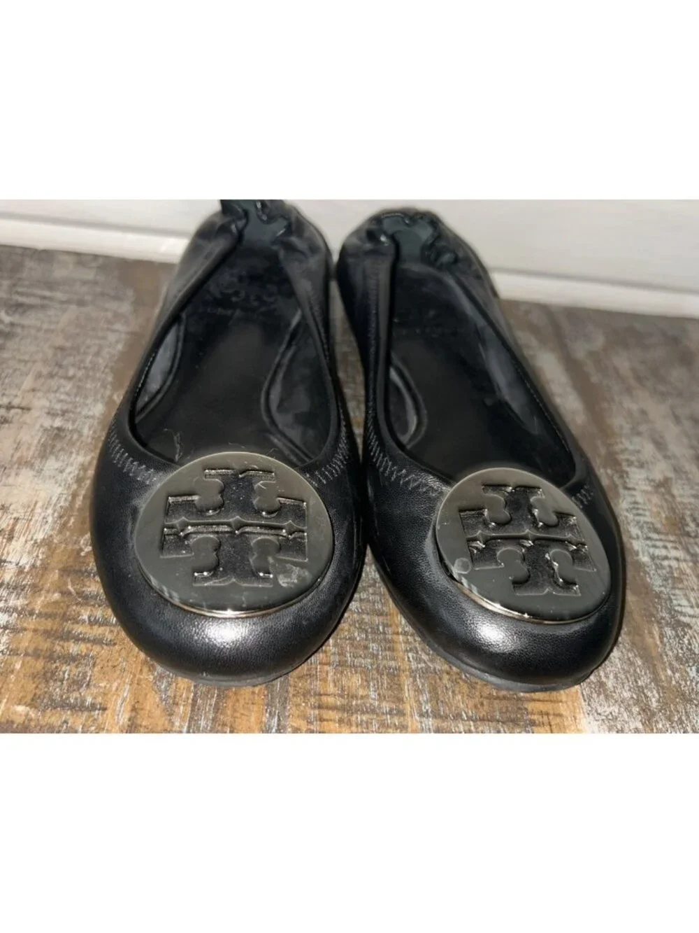 Tory Burch Sz 4M Womens Reva Ballet Flats Black Leather Silver Tone Logo